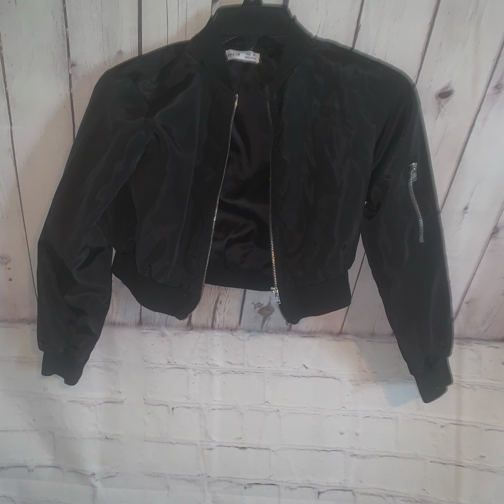 SHEIN Black Cropped Bomber Jacket with Sleeve Zip